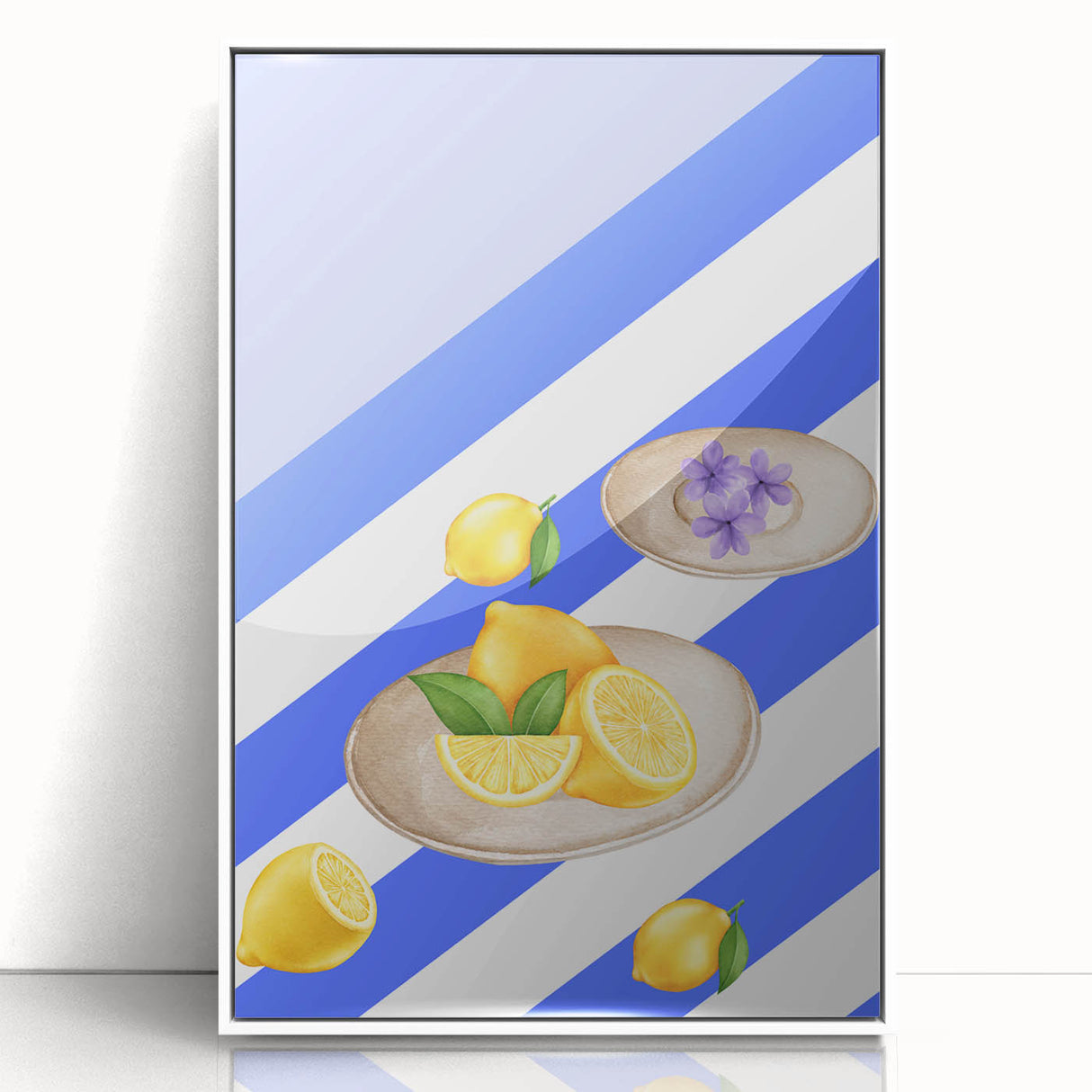 Acrylic framed poster featuring an array of fruits in art deco style, with vibrant colors, suited for modern nursery decor.