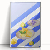 Acrylic framed poster featuring an array of fruits in art deco style, with vibrant colors, suited for modern nursery decor.