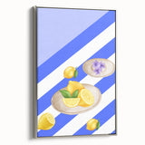 Framed canvas depicting a vintage poster of colorful fruits, ideal for kitchen wall decor.