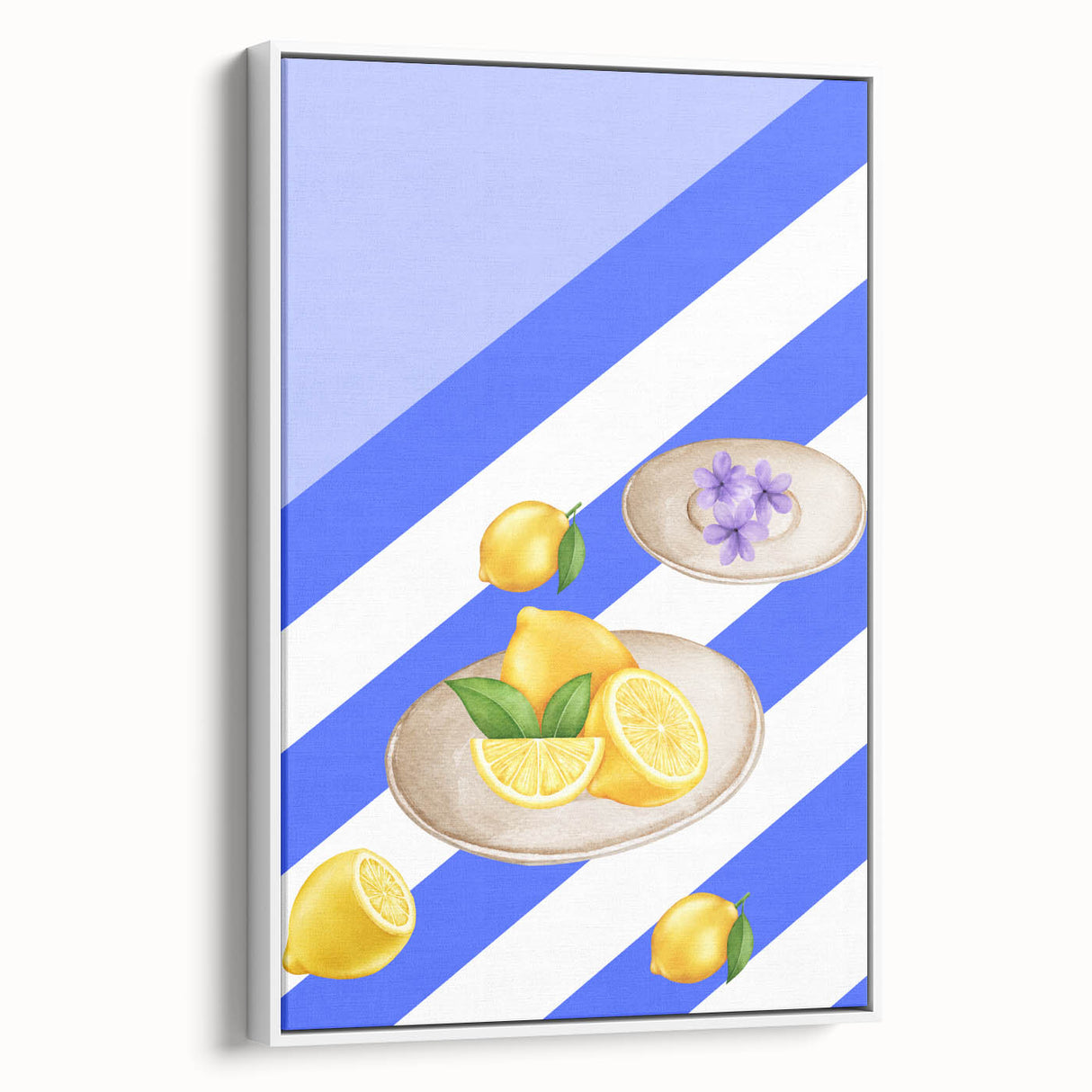 Vintage poster art of colorful fruits on a white framed canvas, ideal for living room decor.
