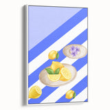 Vintage poster art of colorful fruits on a white framed canvas, ideal for living room decor.