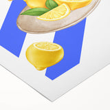 Art deco poster featuring assorted fruits in vibrant colors on a rolled canvas, ideal for dining room wall art.