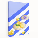 Large art depicting assorted fruits in vivid colors on a stretched canvas, suitable for kitchen wall art.