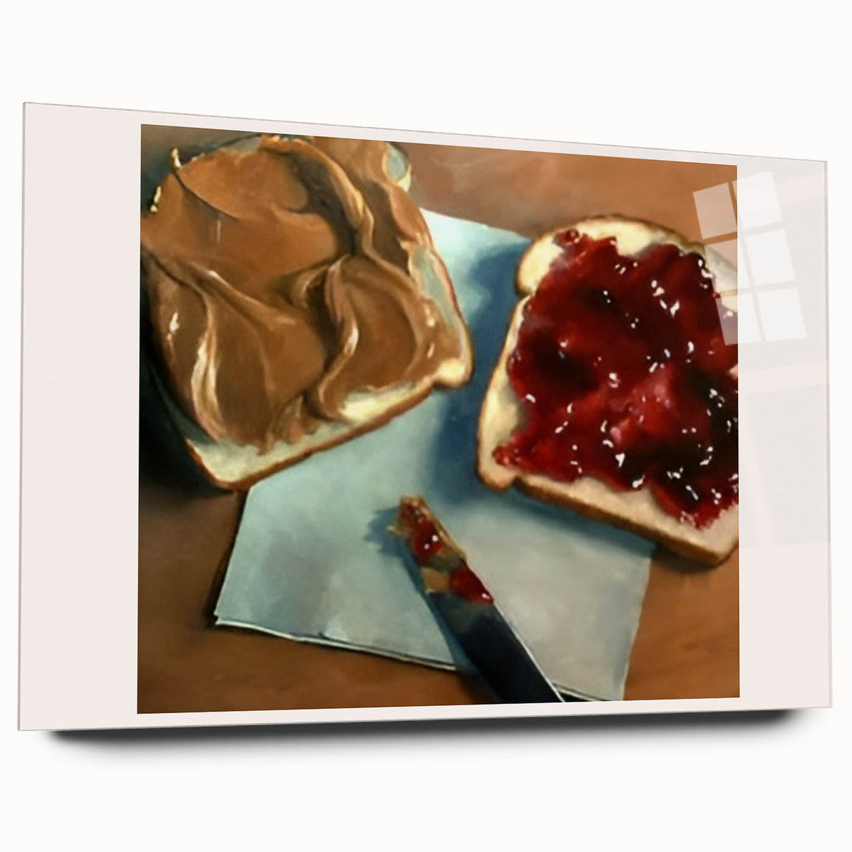 Large abstract wall art of assorted pastries in soft beige and cream tones on acrylic glass.