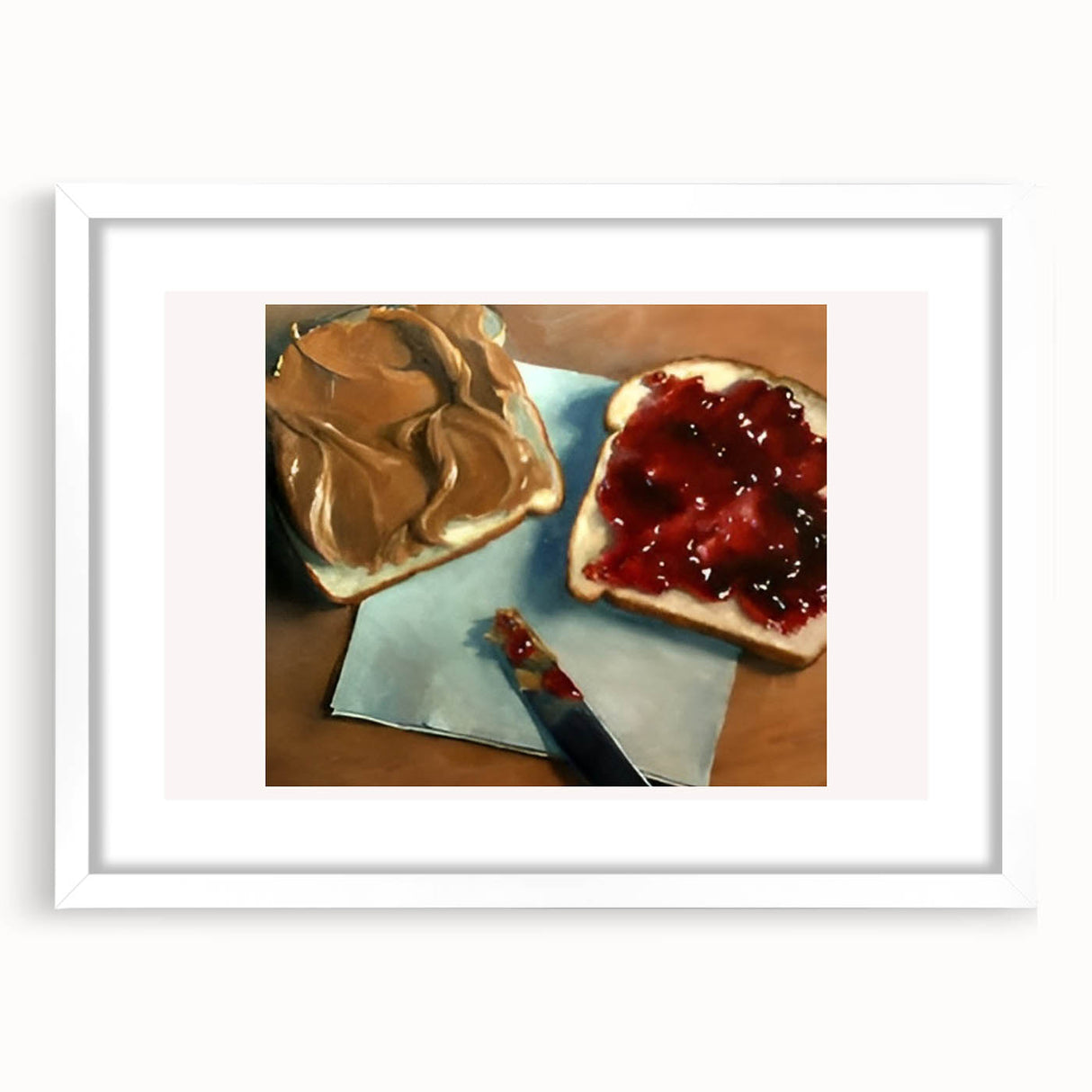 Abstract art print of assorted pastries in soft pastel tones on a white framed poster, suitable for dining room decor.