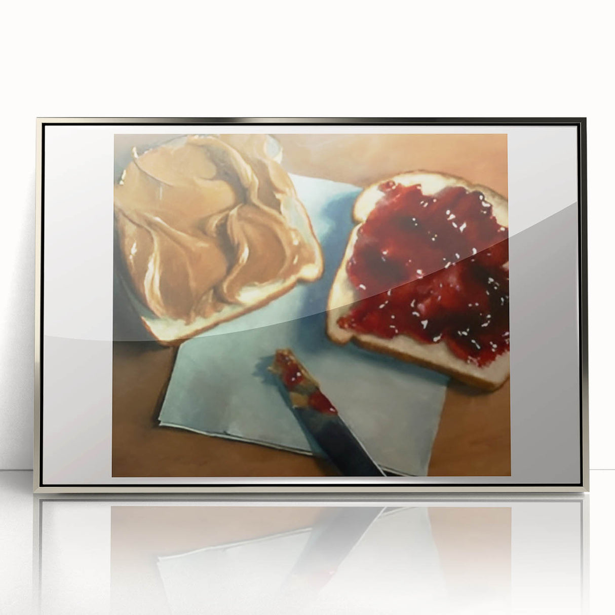 Mid-century modernist art featuring an array of pastries in muted colors, framed in silver acrylic.