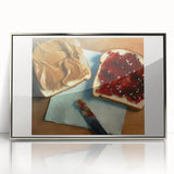 Mid-century modernist art featuring an array of pastries in muted colors, framed in silver acrylic.