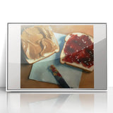 Acrylic print of assorted pastries in soft pastel tones, framed in white, suitable for modern kitchen decor.