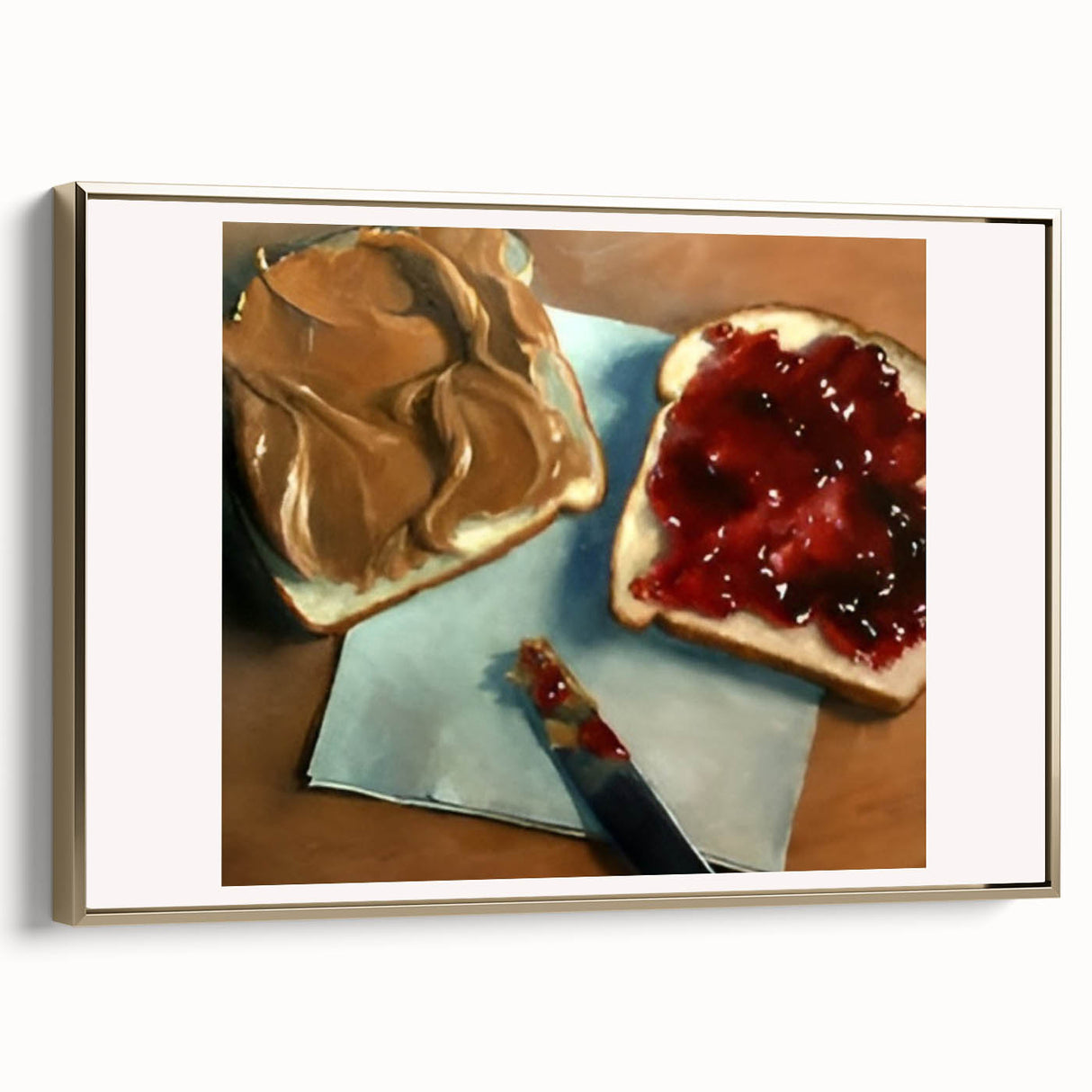 Framed canvas featuring vintage poster art of pastries in muted gold and black tones, ideal for bedroom wall decor.