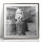 Mid-century modernist art featuring stylized people and food in muted colors, acrylic print in a silver frame.