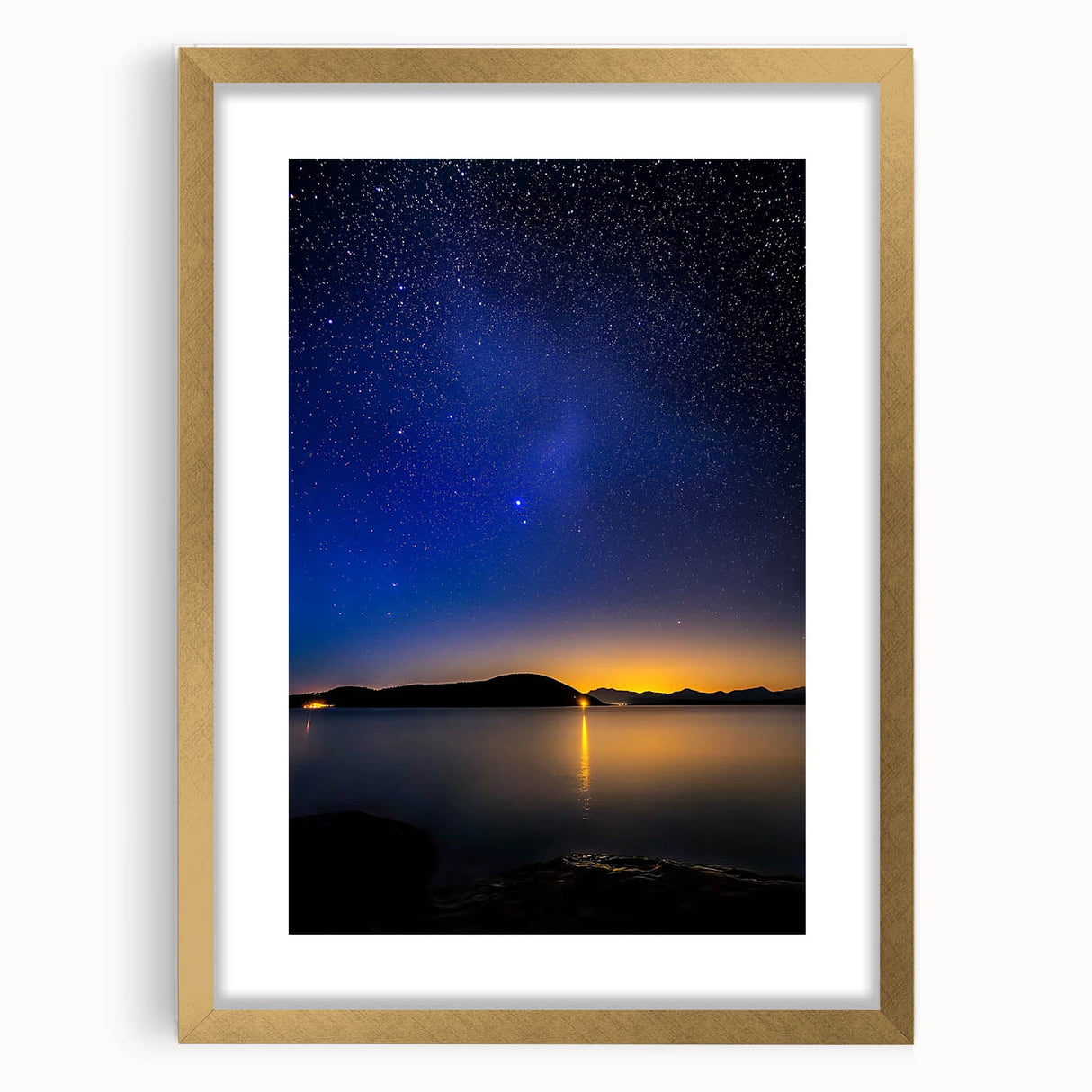 Elegant landscape frame with a gold mat showcasing a modern artwork, set against a neutral background, perfect for enhancing home decor and aesthetics.