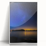 Framed acrylic landscape artwork showcasing a serene mountain view with vibrant colors, set in a sleek white frame, perfect for modern home decor.