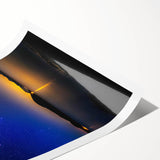 Rolled art print showcasing a vibrant abstract landscape design in rich hues of blue and green, securely packaged in a protective cardboard tube for delivery.