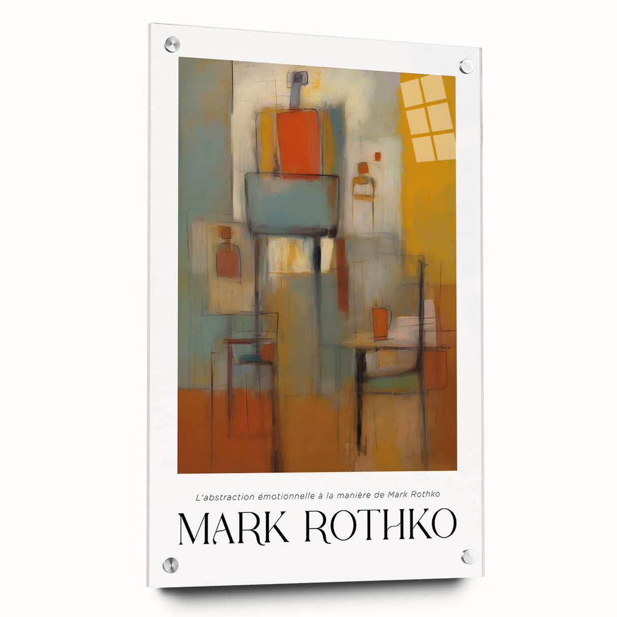 Large abstract wall art in acrylic glass featuring horizontal Rothko-inspired bands of red and orange.