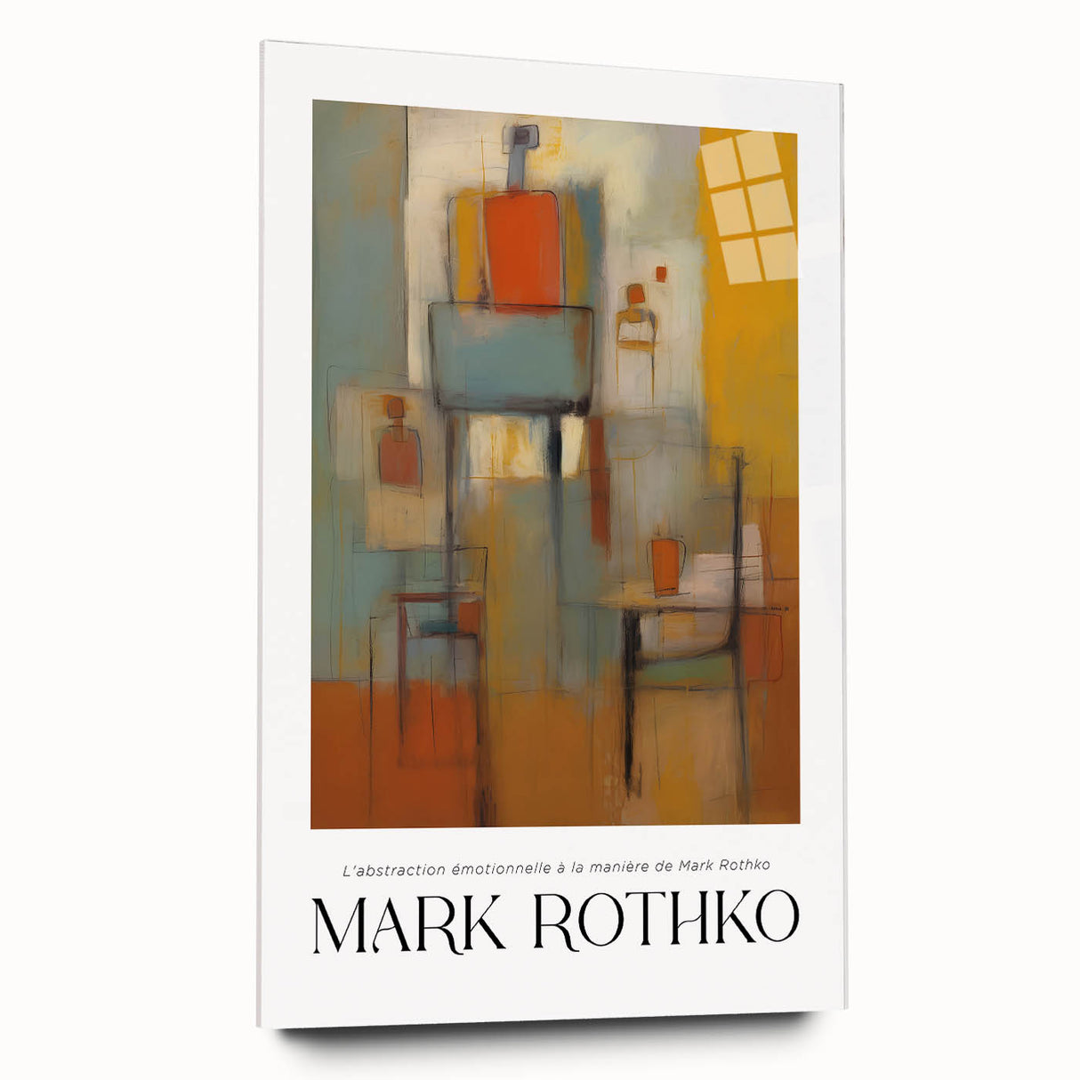 Large abstract wall art in red and orange hues on acrylic glass, ideal for modern bedroom or dining room ambiance.