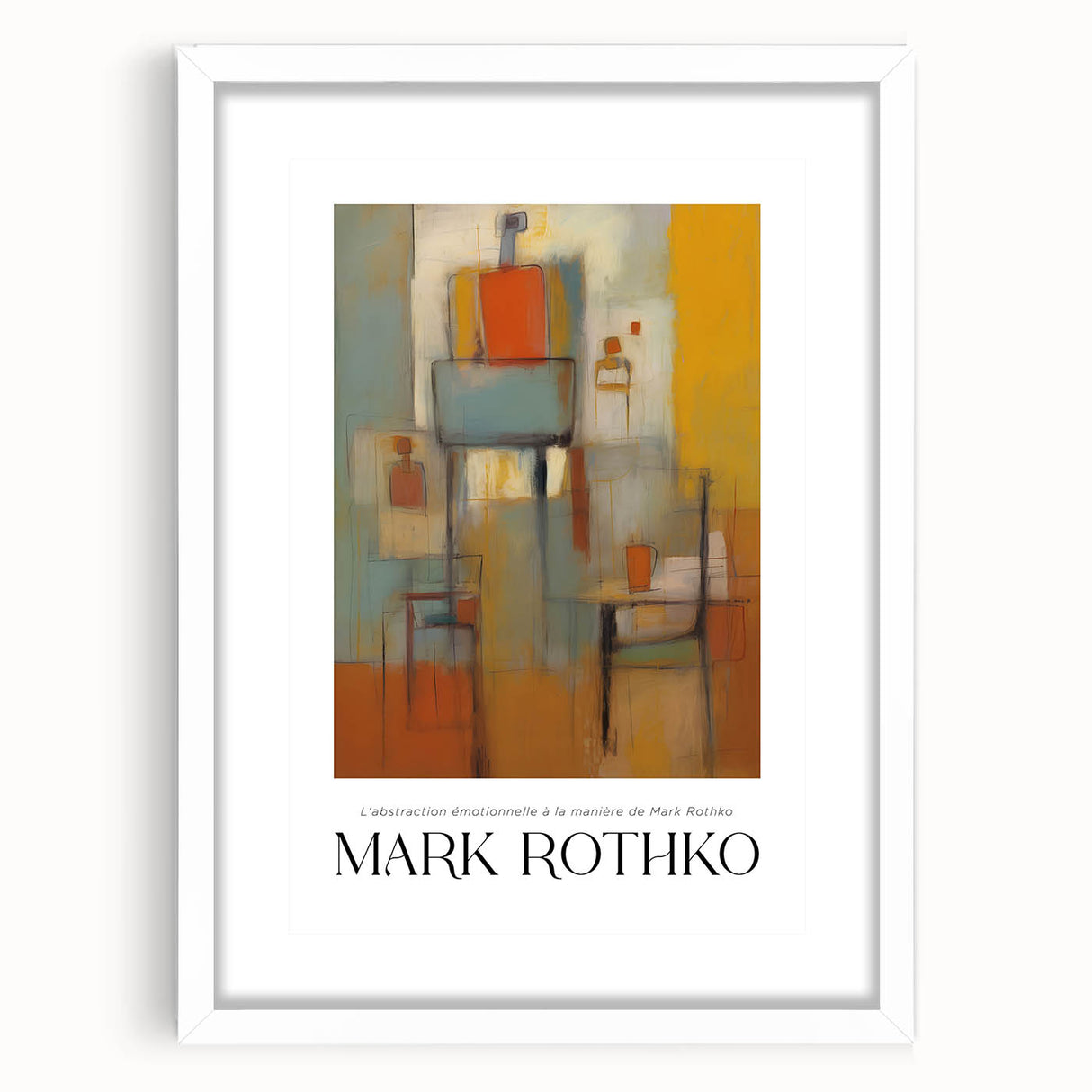 Abstract art print featuring Rothko-inspired blocks of red and orange on a framed white mat, ideal for dining room decor.