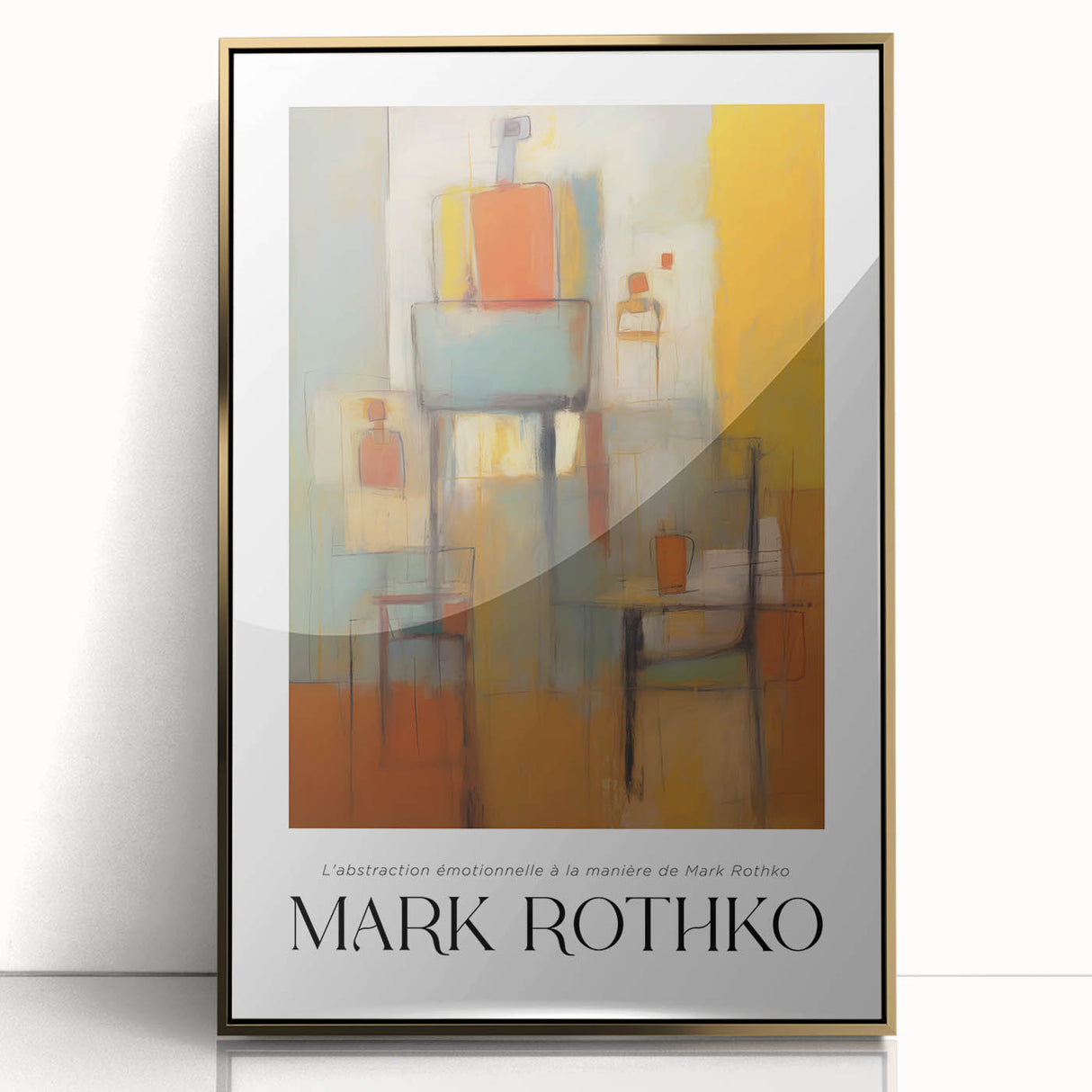 Large art print of a Mark Rothko-inspired abstract in muted orange and red on acrylic, framed in gold.