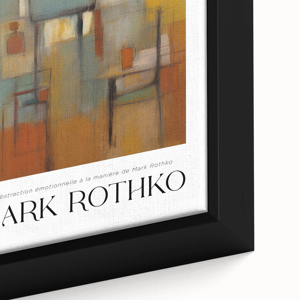 Extra large framed canvas featuring a textured, abstract design in black with vibrant color accents.