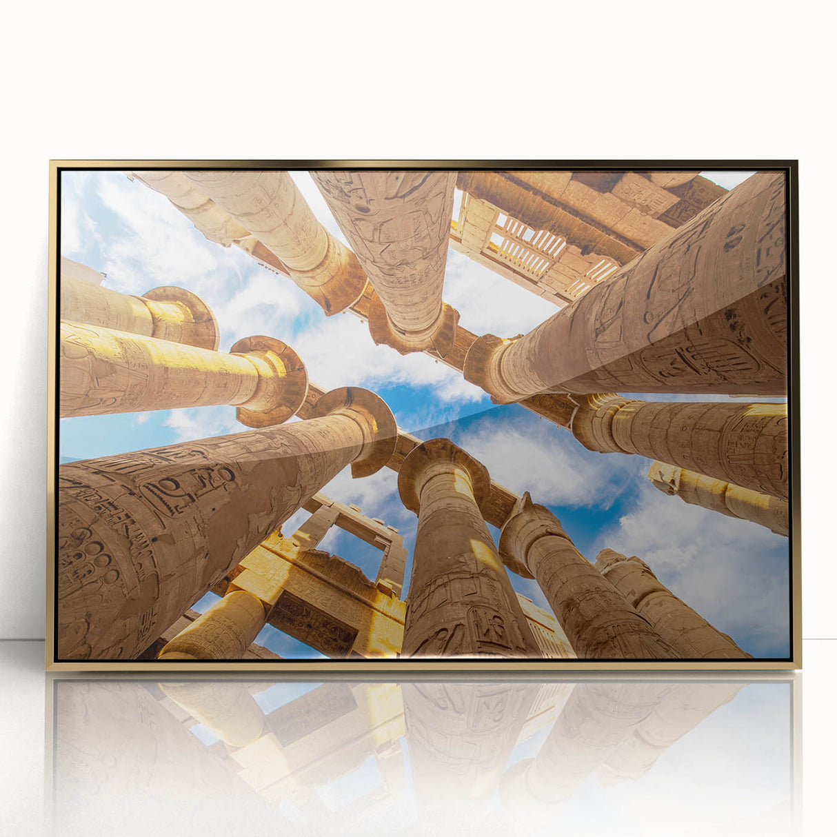 Framed acrylic print of an Egyptian scenery in gold tones, ideal for nursery wall art in a mid-century modernist style.