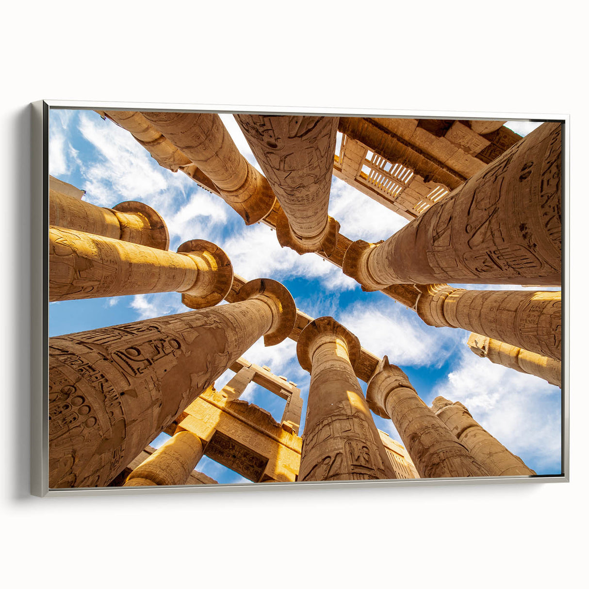 Vintage poster art of an Egyptian landscape on framed canvas, featuring a palette of vibrant colors.