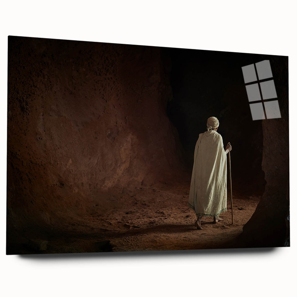 Large abstract acrylic print depicting Ethiopian scenery in earth tones, ideal for bedroom or dining room art.