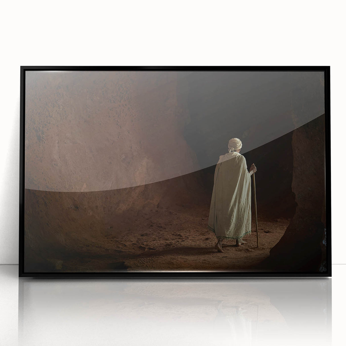 Large abstract wall art depicting an Ethiopian landscape in muted earth tones on a framed acrylic.