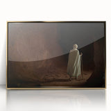 Mid-century modernist acrylic print of an Ethiopian landscape in gold tones, ideal for nursery wall decor.