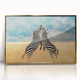 Mid-century modernist art depicting a savannah landscape in muted earth tones on a framed acrylic print.