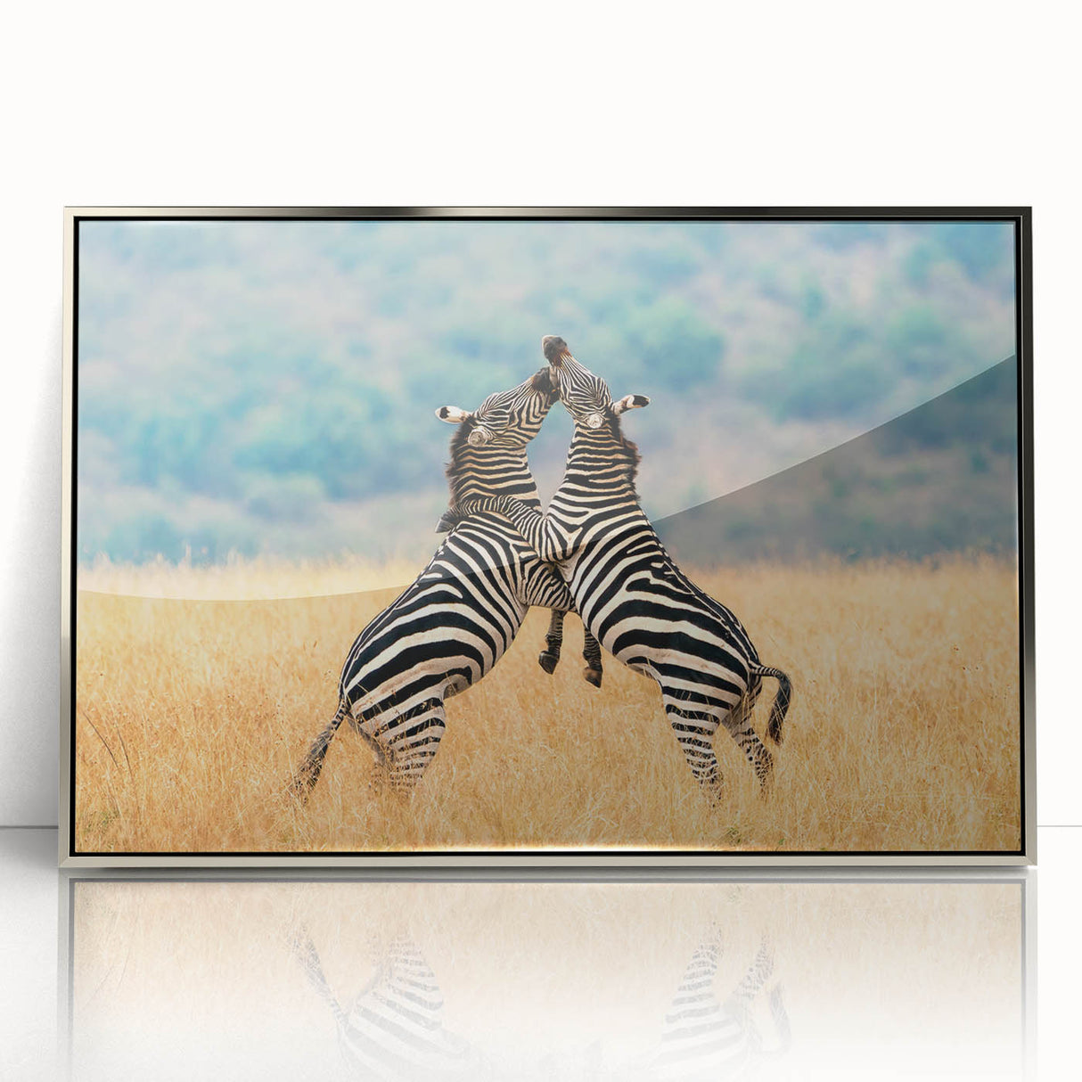 Acrylic print of a Kenyan landscape in muted earth tones, framed in silver, suitable as modern art wall decor.