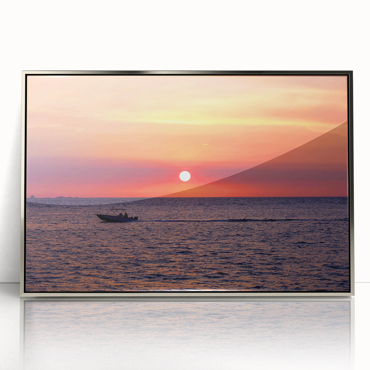 Acrylic print of Madagascar scenery in art deco style, framed in silver, ideal for modern nursery wall art.