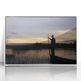 Large art print of a Mali scenery in mid-century modernist style, with vibrant earth tones, framed in white acrylic.