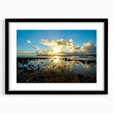 Extra large, colorful abstract art print of a textured African scenery on a black framed canvas.