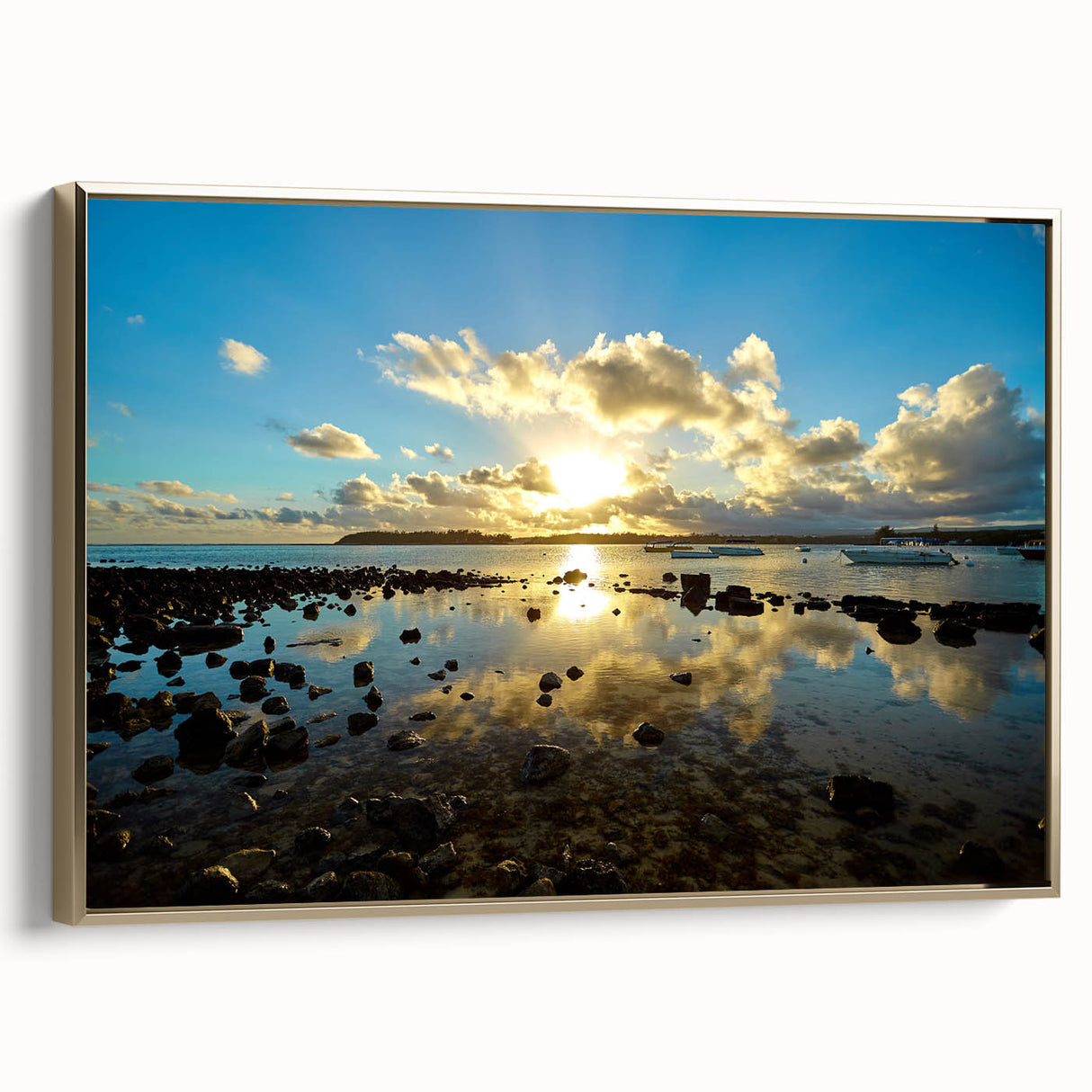 Framed canvas depicting a vintage-style landscape of Mauritius with colorful art on a black background.