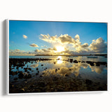 Framed canvas wall art depicting a serene Mauritius landscape in muted earth tones, ideal for bedroom decor.