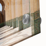 Large abstract wall art depicting a Moroccan scenery in muted earth tones on acrylic glass, ideal for dining room ambiance.