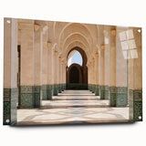 Large abstract wall art depicting Moroccan scenery in vibrant earth tones on acrylic glass.