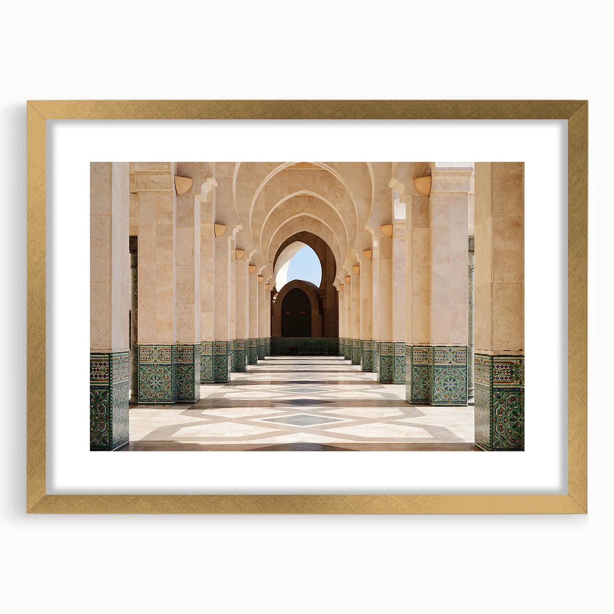 Textured abstract art print of a Moroccan landscape in earthy tones, framed in gold, ideal for bedroom art.