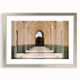 Abstract art print of Moroccan scenery in muted earth tones on a framed canvas, suitable for dining room or bedroom decor.