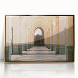 Mid-century modernist art depicting a Moroccan landscape in gold and earth tones on a framed acrylic panel.