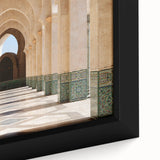 Extra large framed canvas featuring a textured, colorful Moroccan landscape in black, ideal for living room decor.