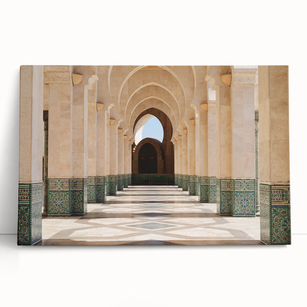 Black and white photo of Moroccan scenery on stretched canvas, ideal for kitchen wall art or bedroom ambiance.