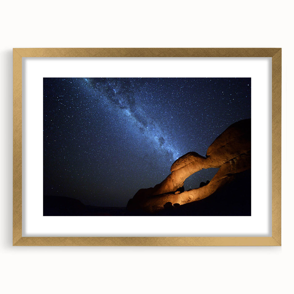 Textured abstract art print of a Namibian scenery in muted earth tones, framed in gold, ideal for bedroom art.