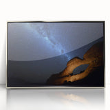 Acrylic print of a serene Namibian landscape in muted earth tones, framed in silver, suitable for modern art wall decor.