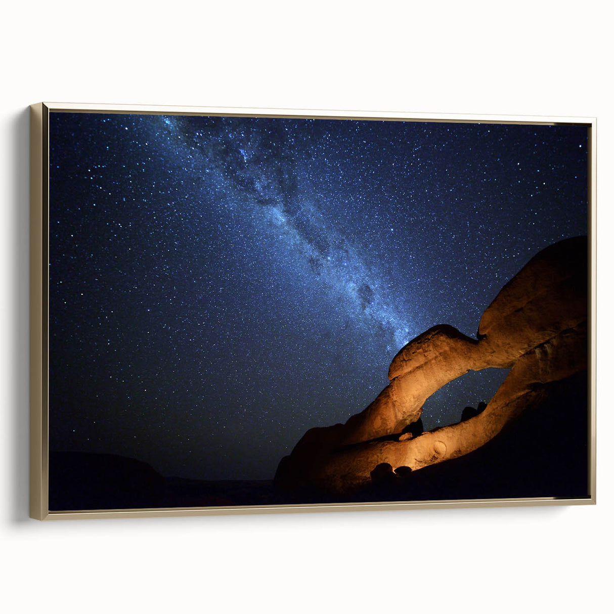 Framed canvas landscape art painting depicting a serene Namibian scenery, highlighted by gold tones and black accents.