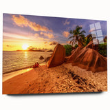 Large abstract wall art of Seychelles scenery in muted blue and green tones on acrylic glass.