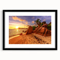 Extra large textured abstract art print of vibrant Seychelles scenery on a framed black mat, ideal for living room decor.
