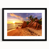 Extra large textured abstract art print of vibrant Seychelles scenery on a framed black mat, ideal for living room decor.