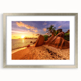 Extra large wall art featuring an abstract depiction of the Seychelles in muted blue and green tones, framed in silver.
