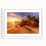 Textured abstract art print depicting a serene African Seychelles landscape in muted earth tones, framed with a white mat.