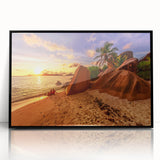 Large abstract wall art depicting a serene Seychelles landscape in muted earth tones on a framed acrylic panel.